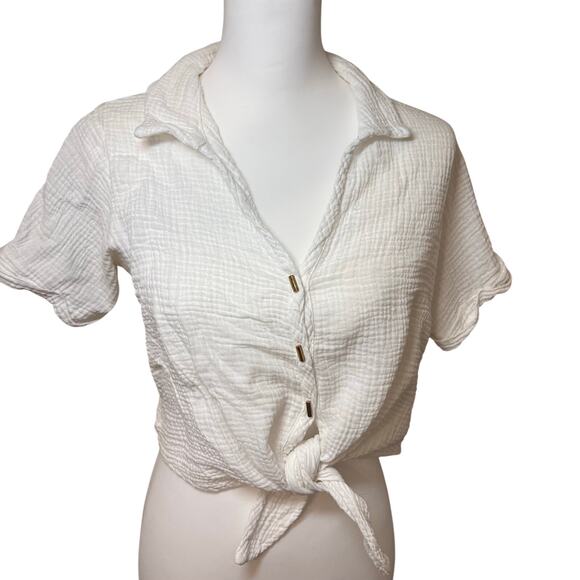 Kirious Tops - Kirious Los Angeles White 100% Cotton Gauze Tie Front Button-Up Beach Blouse